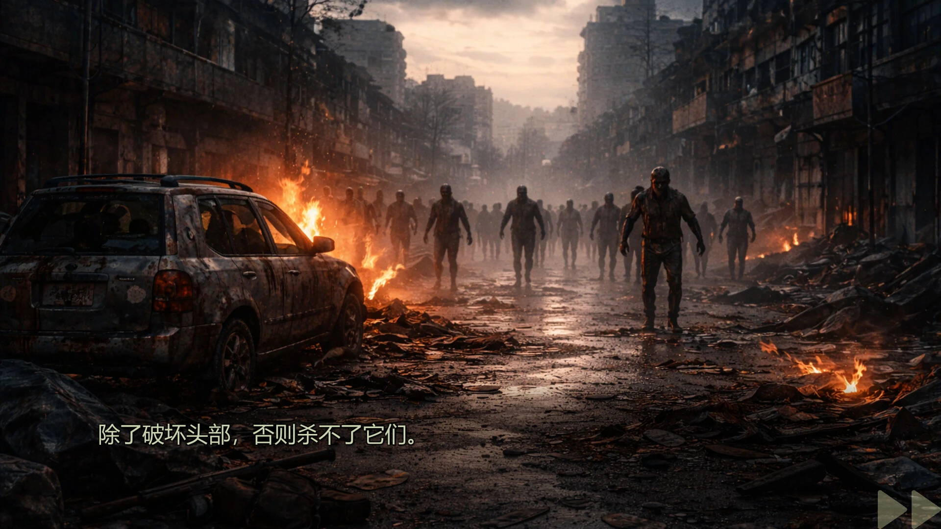 火光与废弃车辆构成的灾变街道