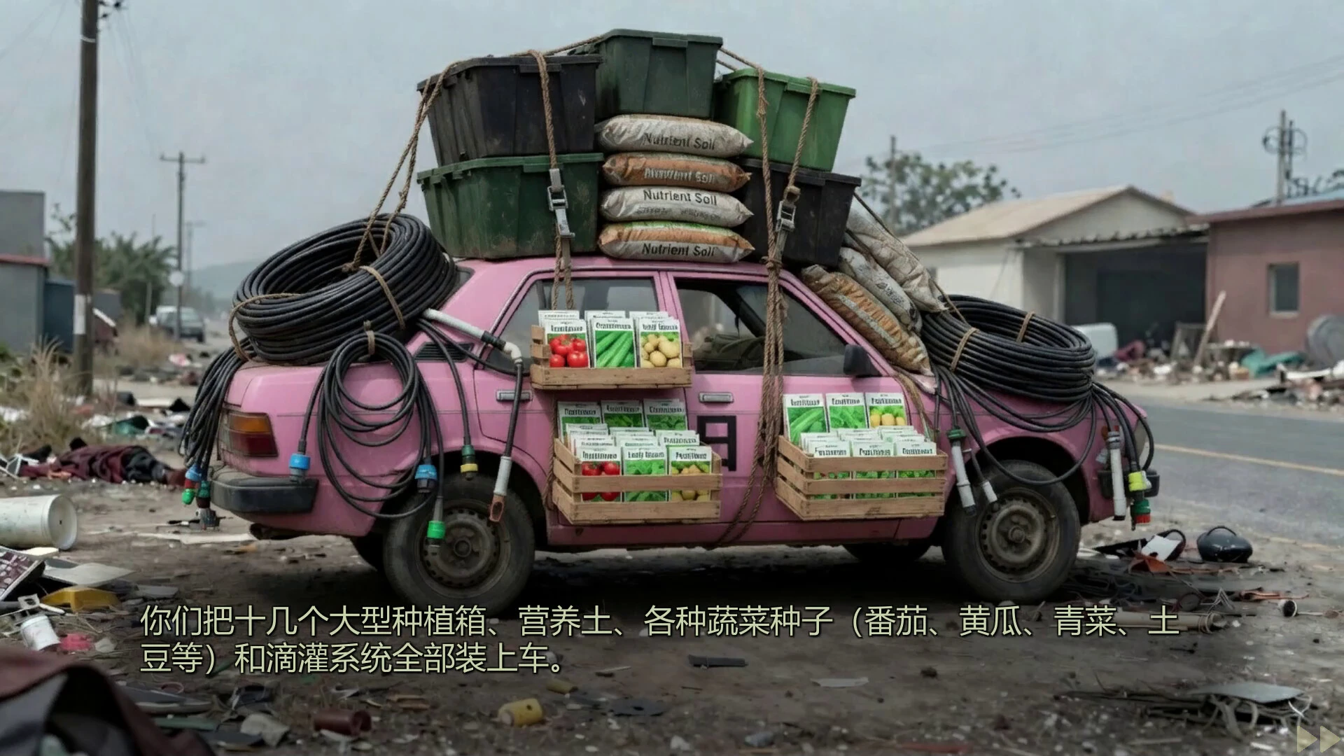 装载物资的车辆与旅途场景